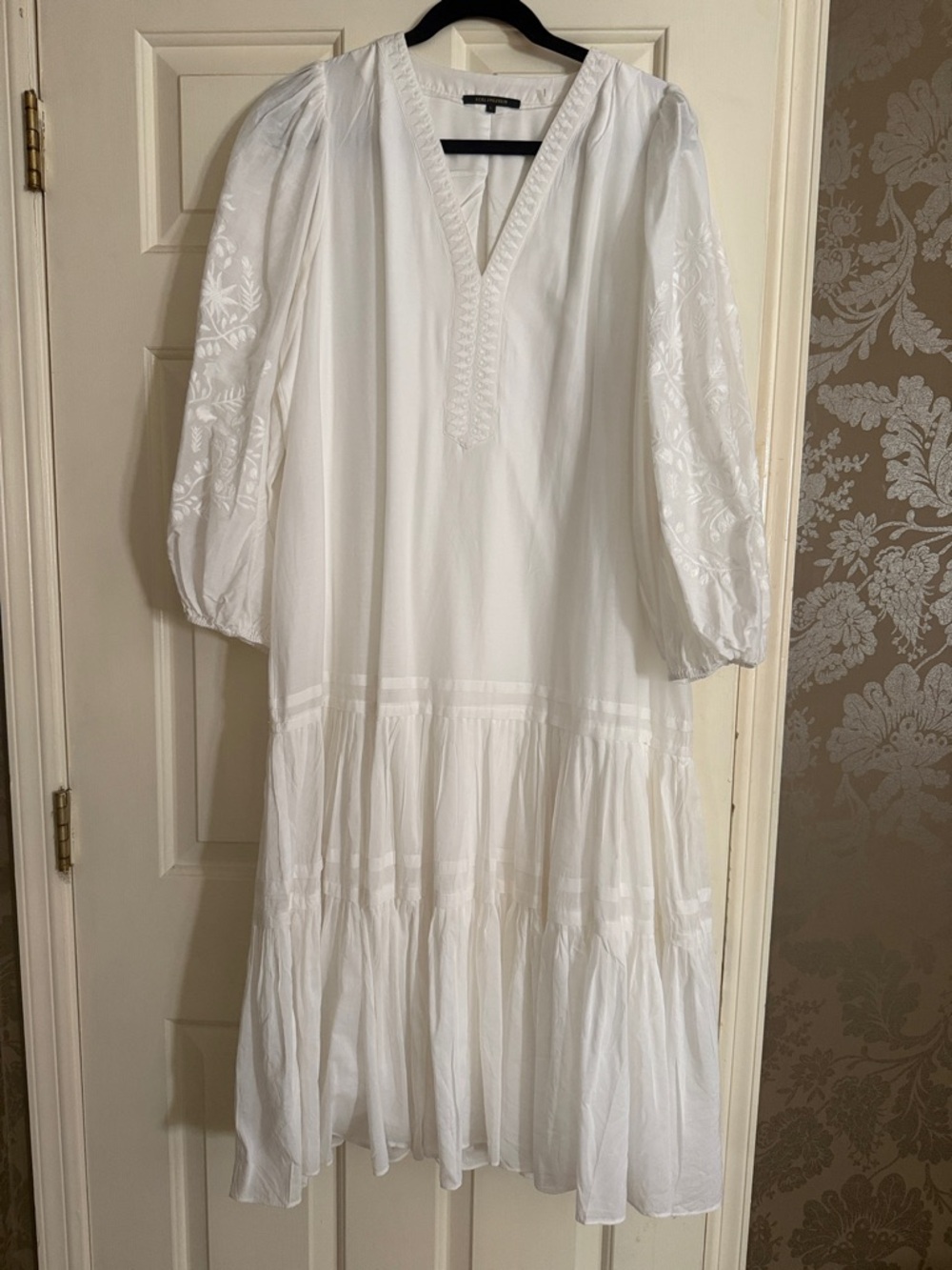 Kobi Halperin White Embroidered V-Neck Tiered Long-Sleeve Dress